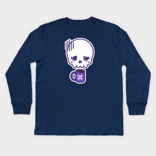 Dead inside, but caffeinated - kawaii skull with coffee cup (white outline) Kids Long Sleeve T-Shirt